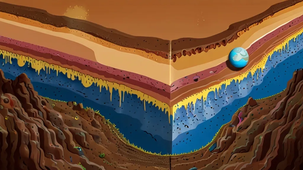 an illustration of a section of the earth with layers of water and land