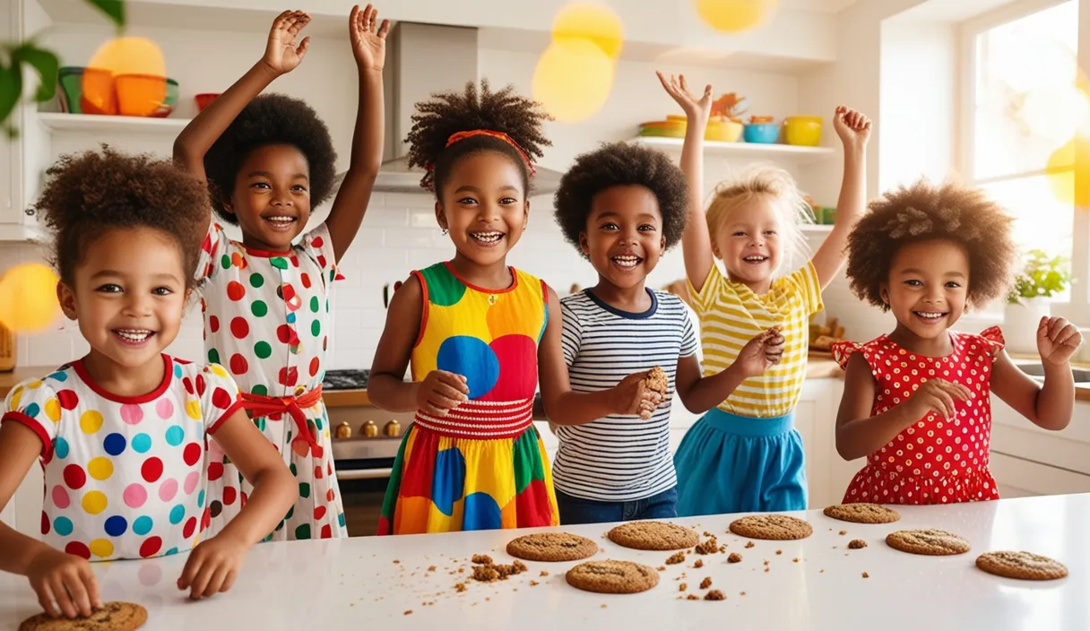 a group of children standing around a table with cookies