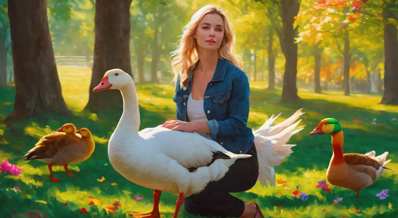 a woman sitting with a white goose