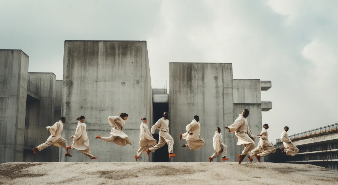 a group of people dancing techno in a cement surface