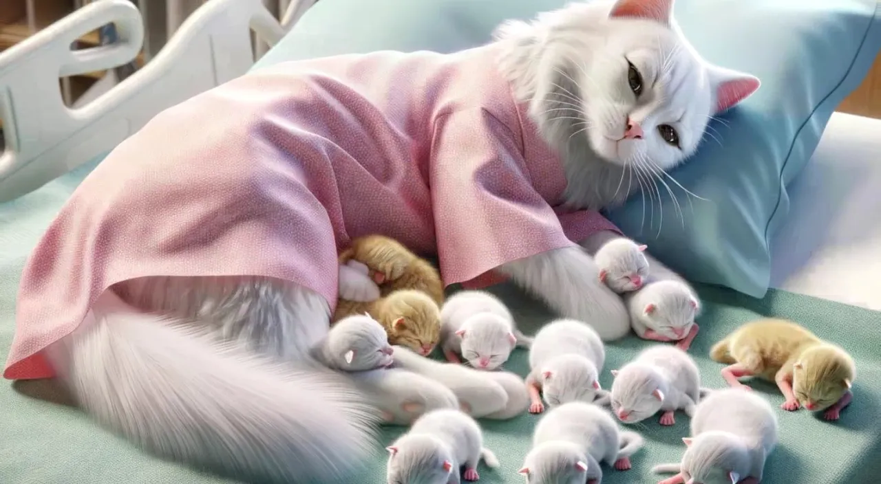 a white cat in a pink blanket surrounded by kittens