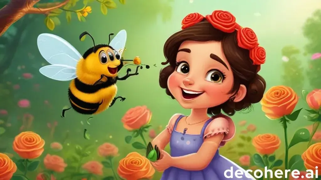 a girl in a blue dress and a bee in a field of flowers