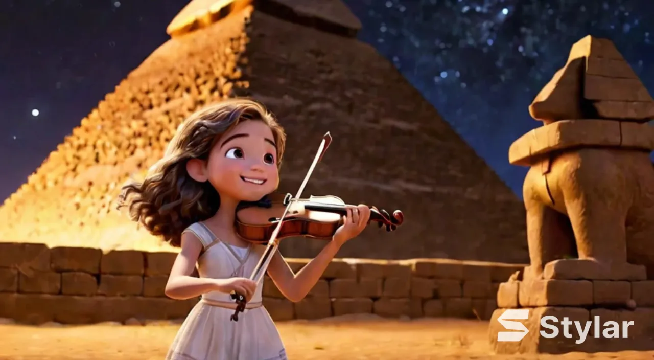 In front of the ancient pyramids of Egypt, at night, many stars shine in the sky, and a young, beautiful, fair-skinned, long-haired girl is playing the violin, and the girl is smiling.