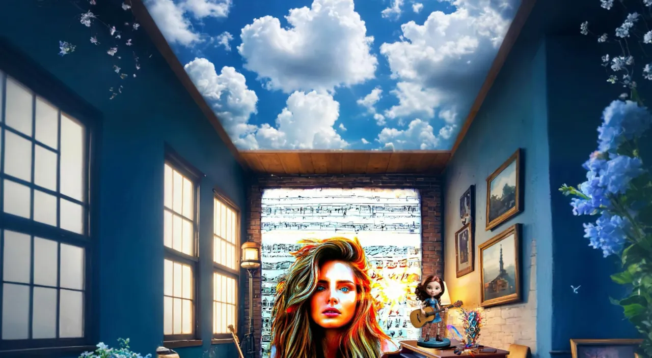 a painting of a woman in a blue room