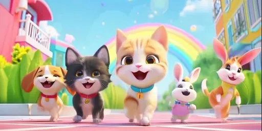 a group of cats and dogs standing in front of a rainbow ,  Lots of toys around