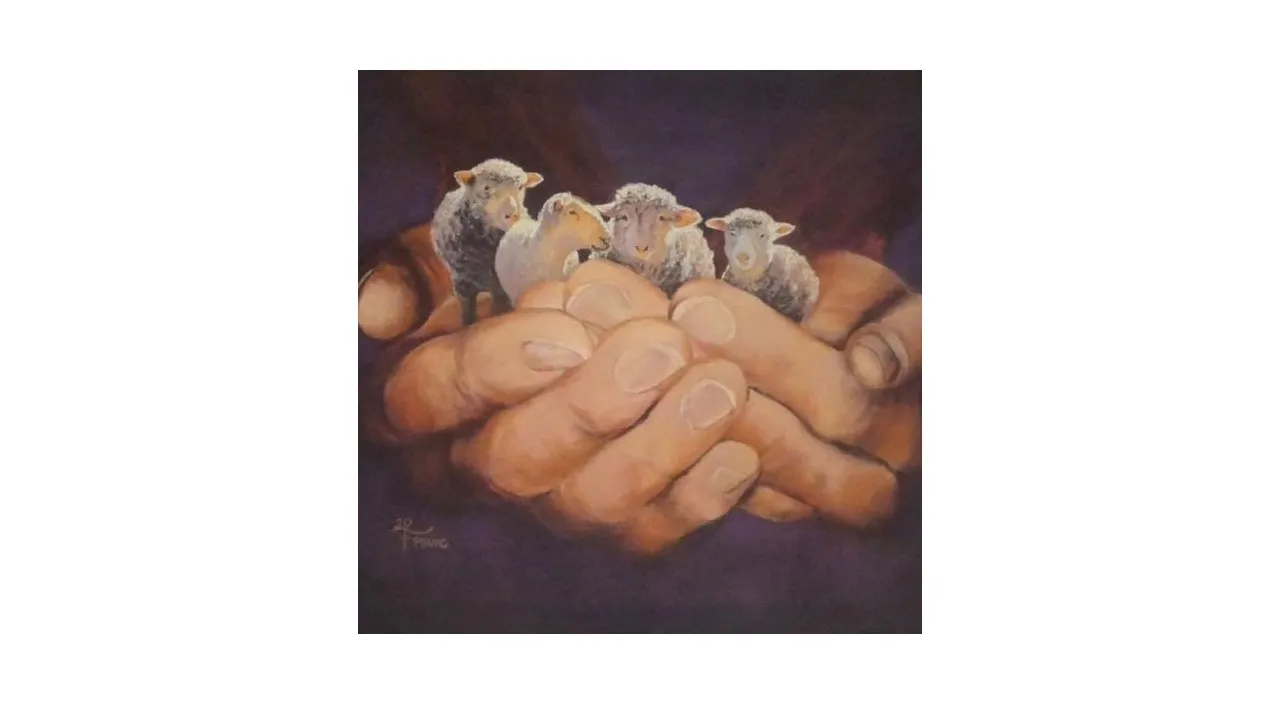 a painting of a hand holding five small sheeps