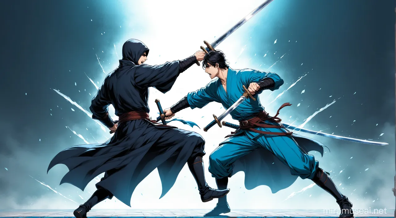 two ninjas fighting with each other on a dark background