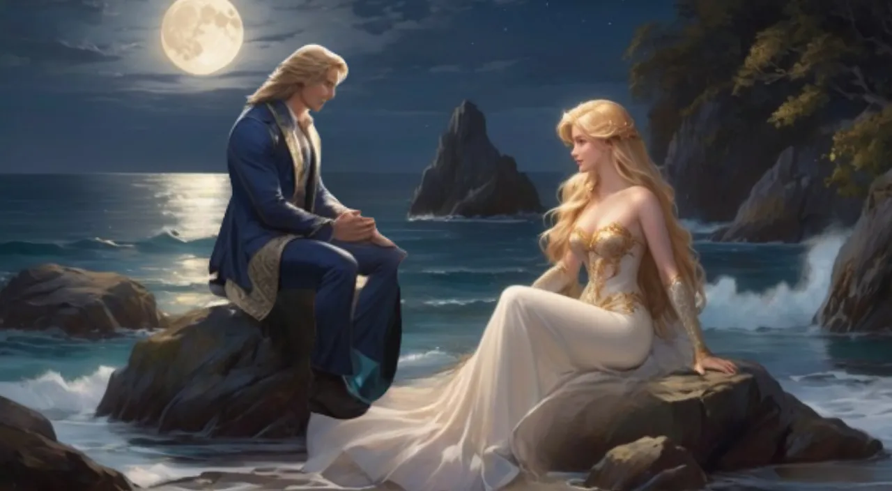 a painting of a man and a mermaid sitting on rocks