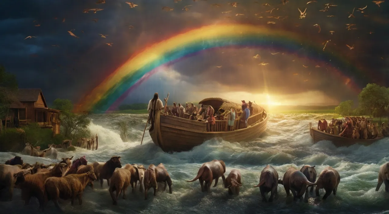 a painting of a boat full of people and a rainbow