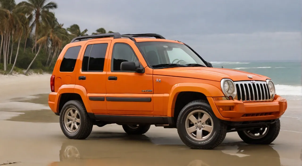 an orange jeep is moving on the beach