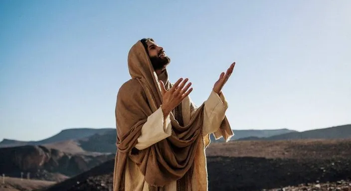 a man in a brown robe standing in front of mountains