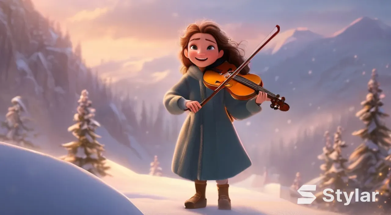 A young beautiful girl with long hair, the girl smiles and plays the violin on a snowy mountain