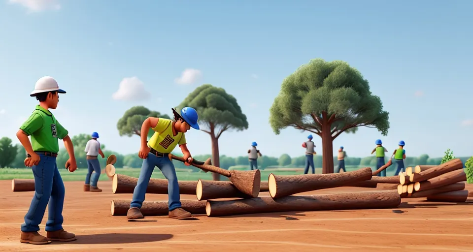 a group of people standing around a pile of logs