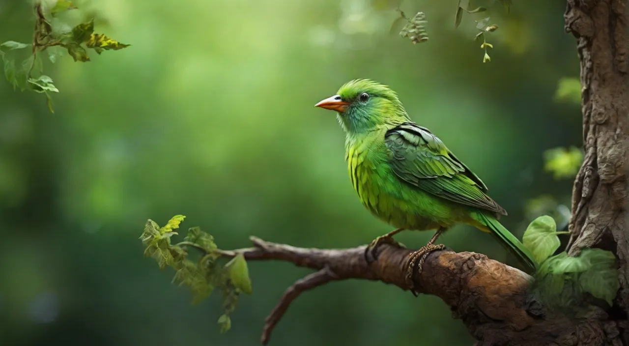 a green bird perched on a tree branch