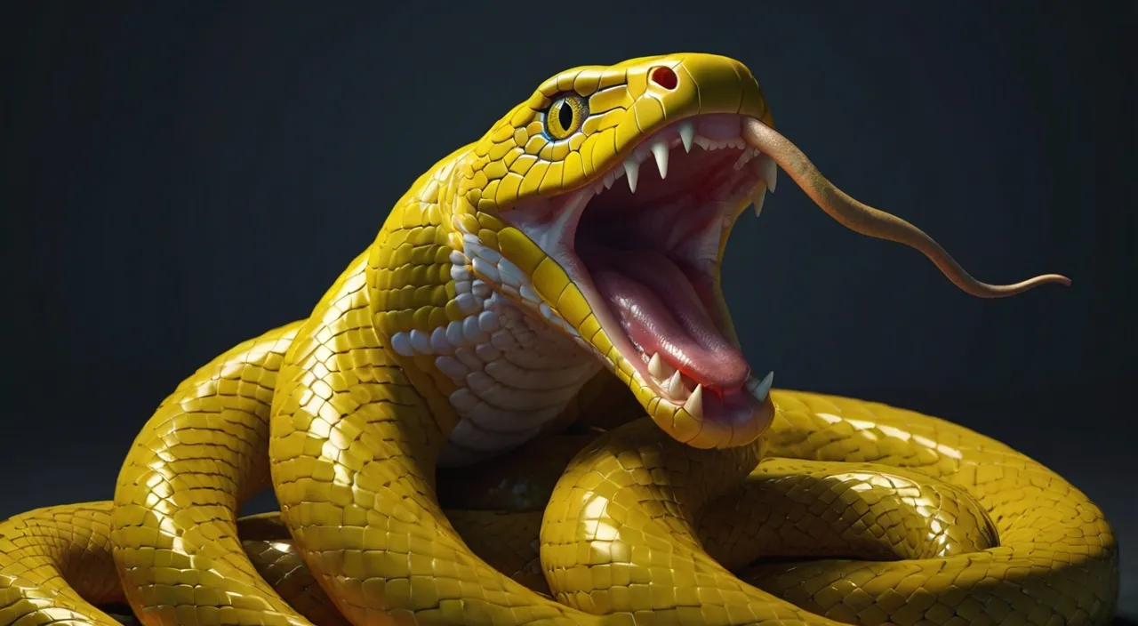 a large yellow snake is talking with its mouth open