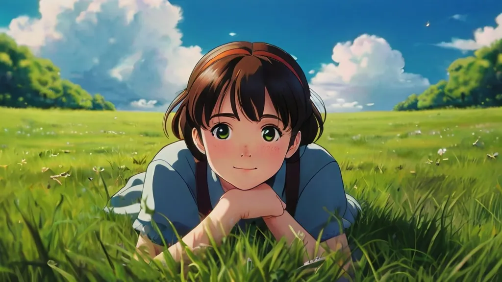 a girl laying in the grass looking at the camera