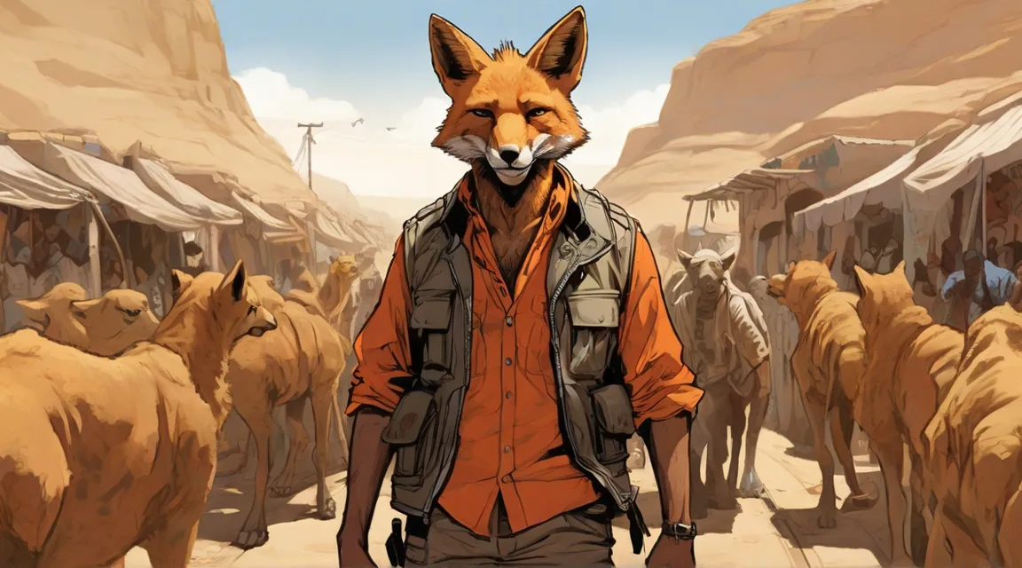 a fox in an orange shirt is standing in front of a herd of animals speaking