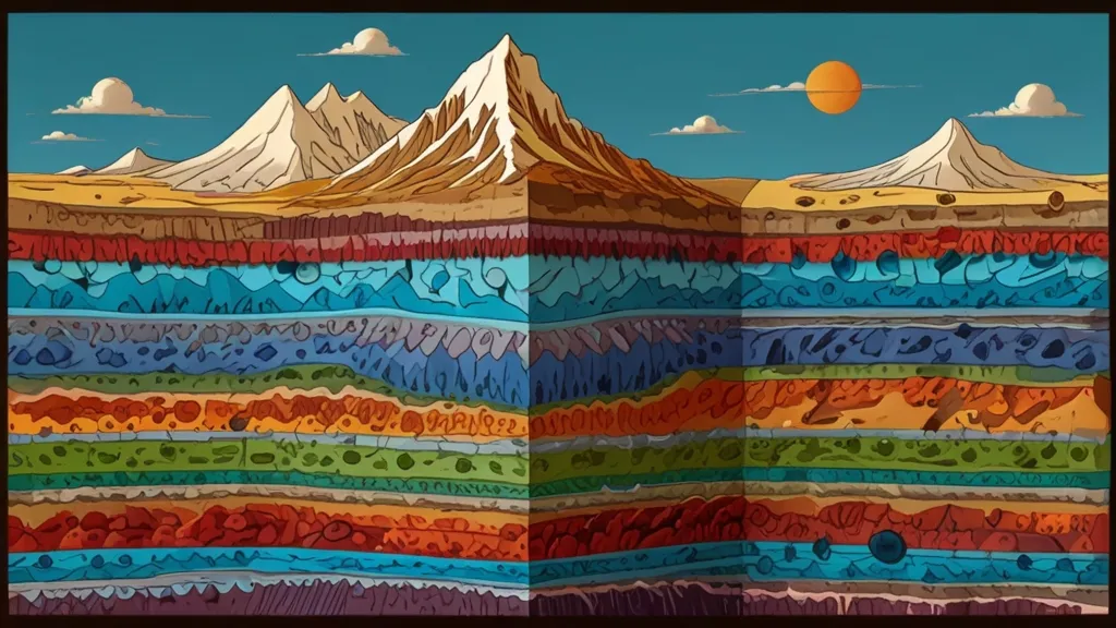 a painting of a mountain with layers of different colors