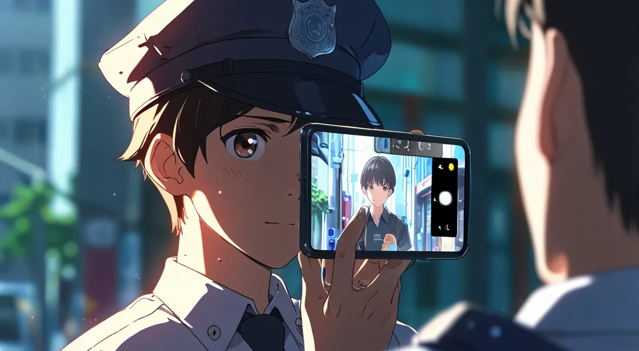 a police officer is looking in a mobile