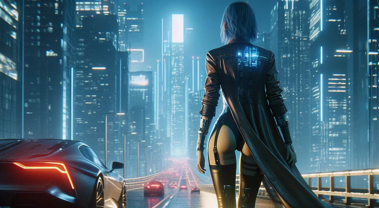 a woman standing in front of a car in a futuristic city