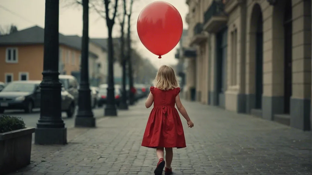 gloomy day a blond hair beautiful little girl in red dress walking on the street with a red balloon in her hand