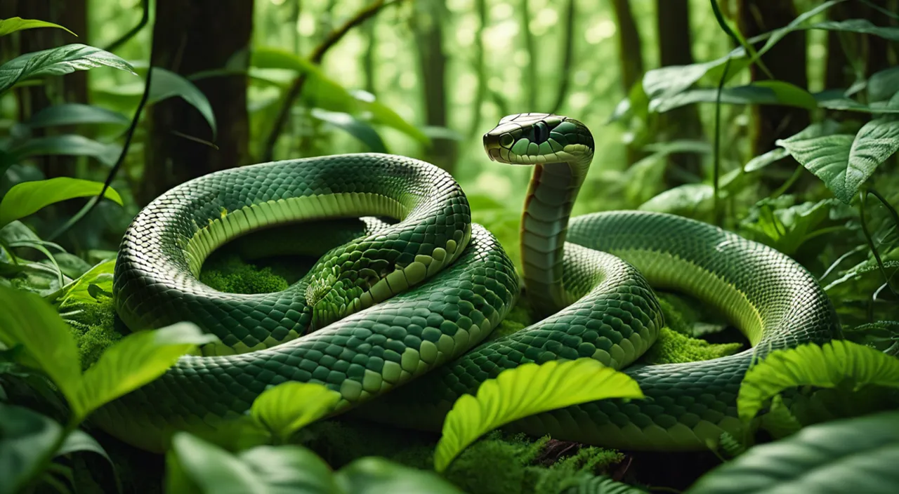 a green snake curled up in the middle of a forest