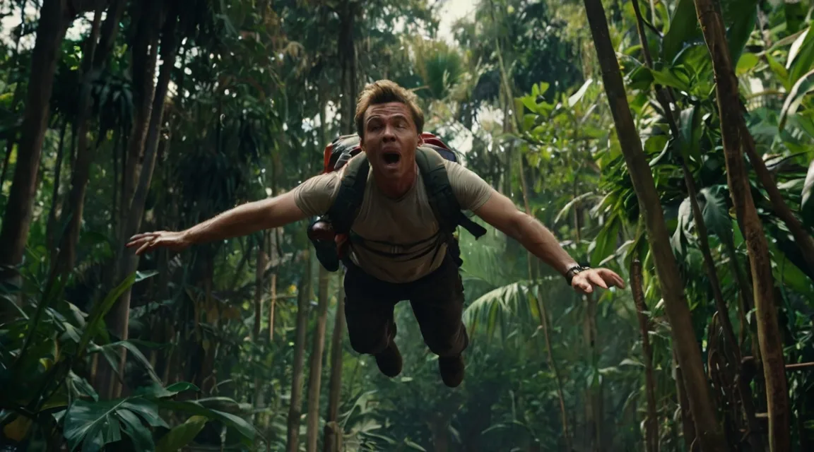 a man flying through the air in a jungle