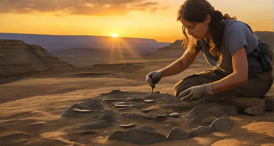 a woman sitting on top of a rock covered ground