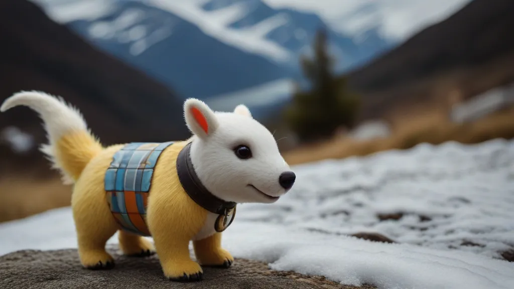 a small toy dog standing on top of a snow covered ground