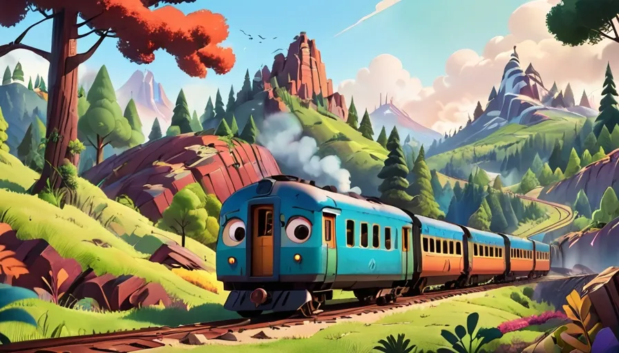 train, plant, sky, nature, natural environment, vehicle, rolling stock, mode of transport, mountain, tree