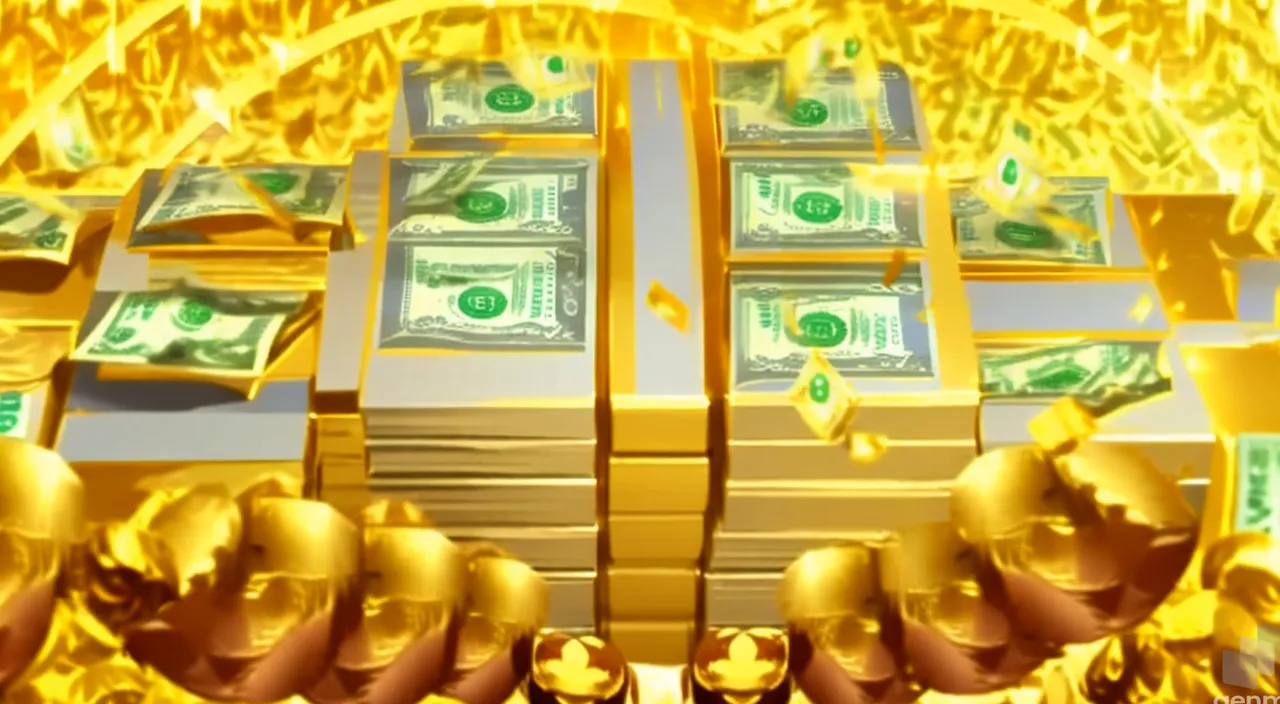 a bunch of money is in the middle of a pile of gold