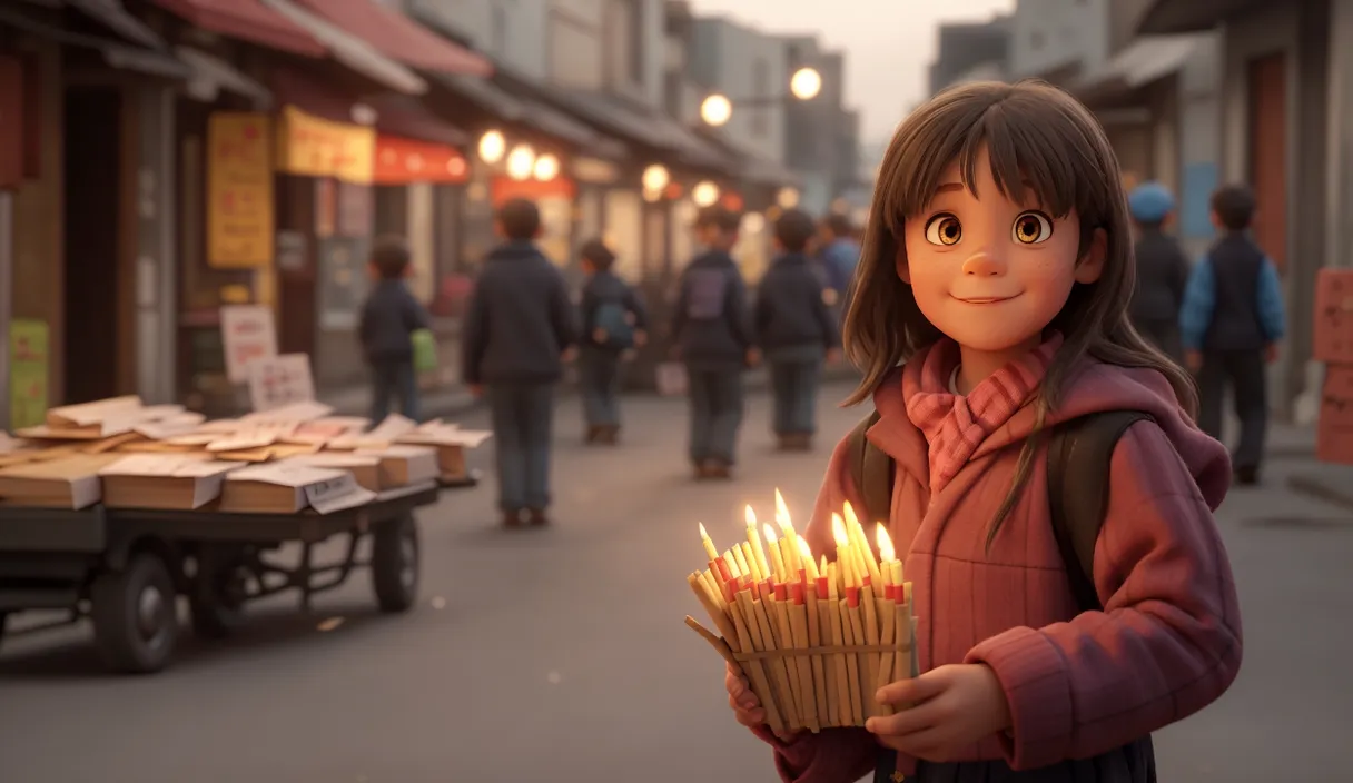 Little girl selling matches, wandering the streets selling matches