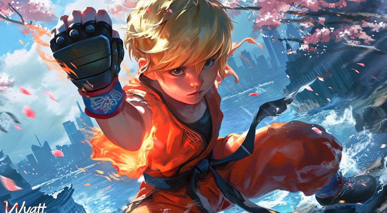 Create a full-body 4K portrait of 14-year-old boy, banner says H"appy Birthday Wyat"t in a dynamic Disney cartoon style. He has sandy blonde hair with bangs, resembling a karate master like Goku from Dragon Ball Z, featuring LED-lit fists doing a Kamehameha Place him in a mystical tournament environment with street fighter powers and Mortal Kombat-style gear. The backdrop includes Tokyo architecture near the ocean with cherry blossom trees at dusk --ar 16:9