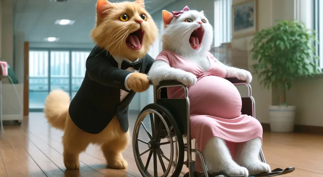 a cat in a suit and a woman in a wheelchair