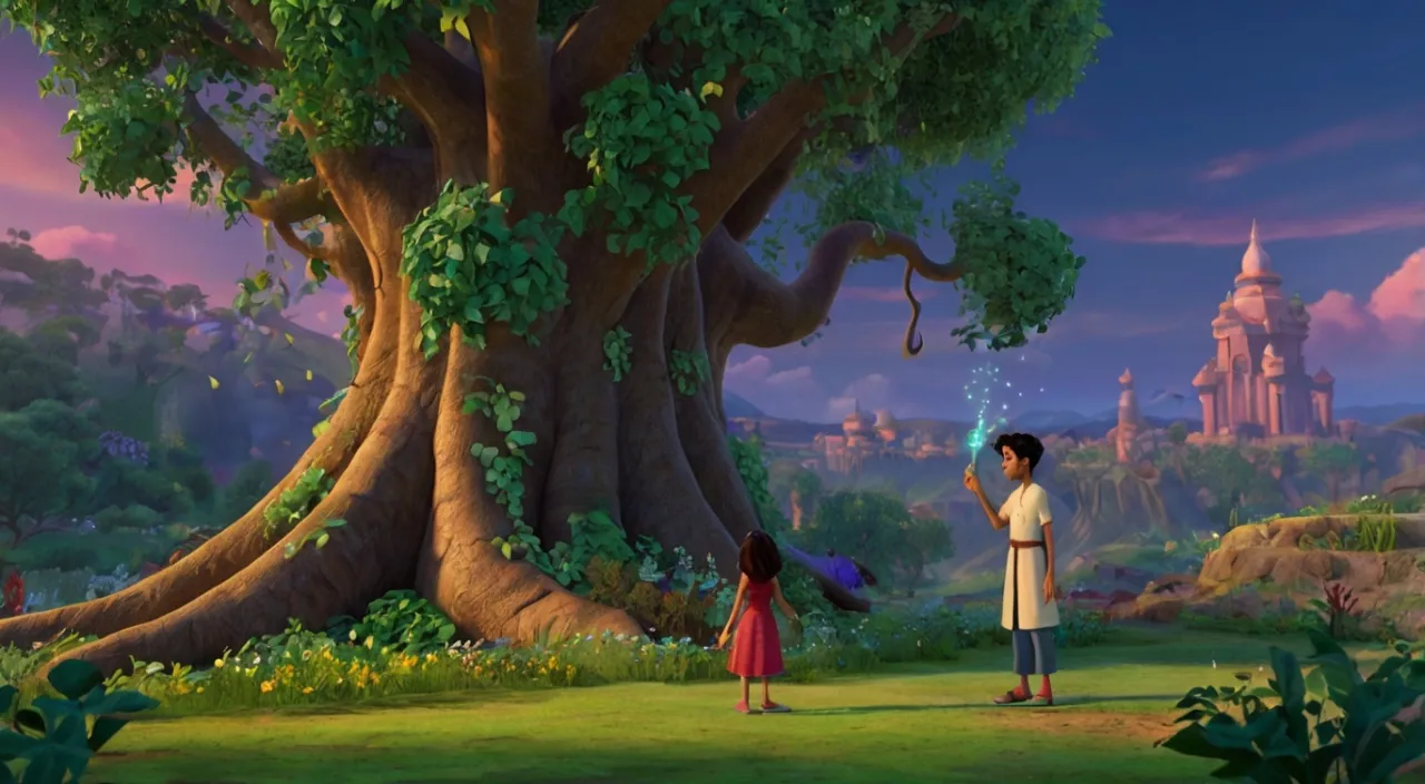 a boy and a girl standing in front of a tree