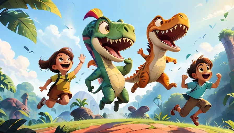 a group of children in a jungle with dinosaurs