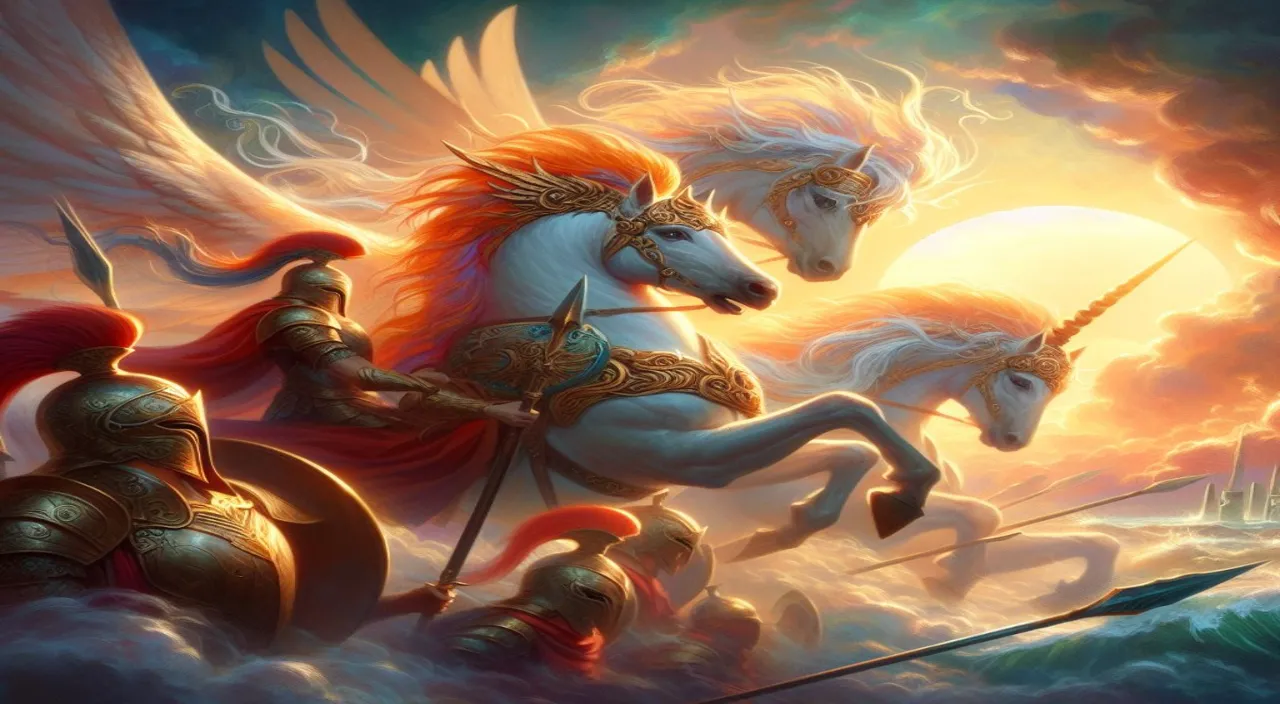 a painting of two unicorns riding on top of a white horse