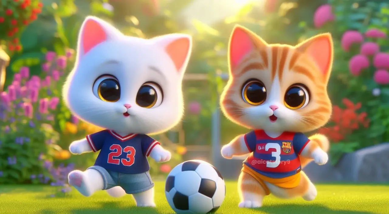 a couple of cats standing next to a soccer ball