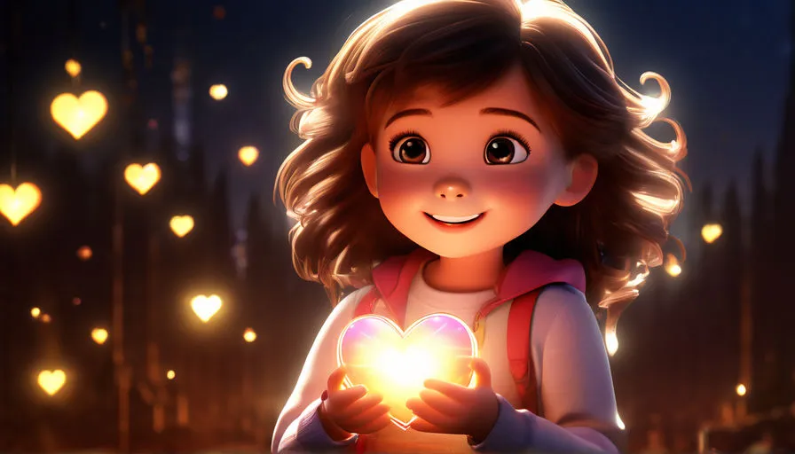 a little girl holding a glowing heart in her hands