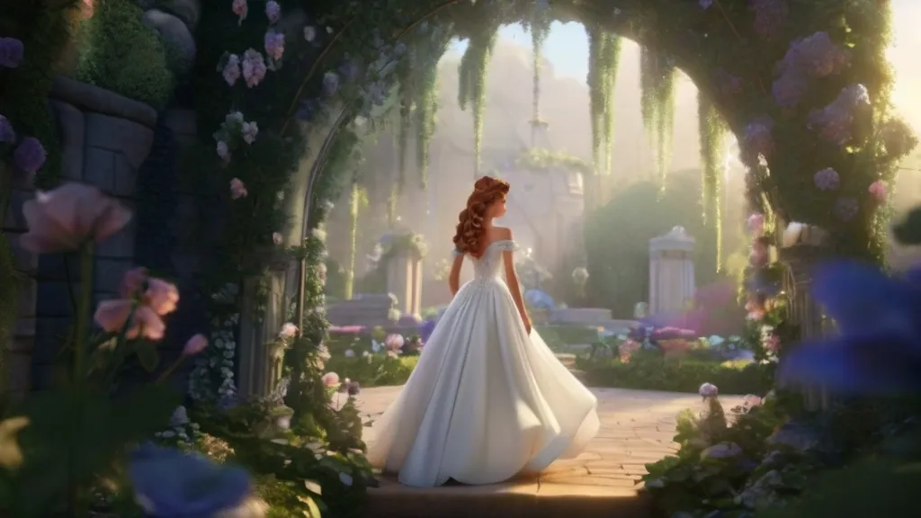 a woman in a white dress is walking through a magical garden