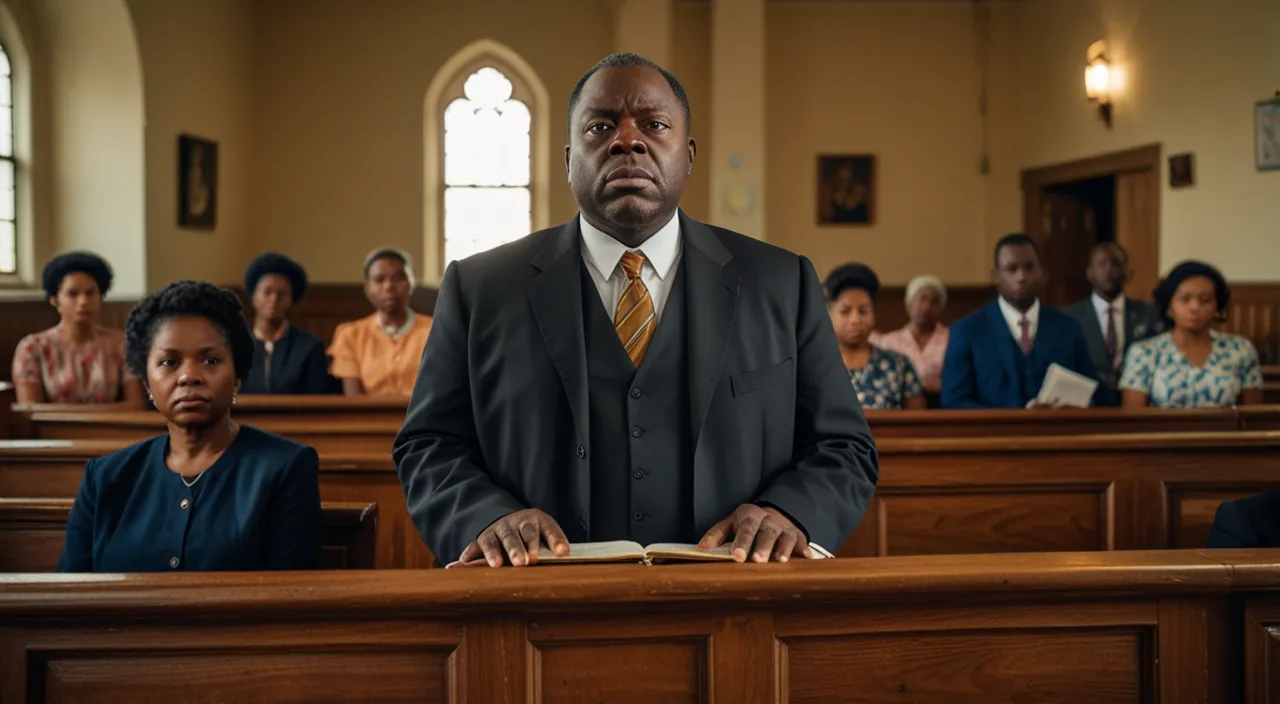 Reverend Ade, a stern-looking man, arrives at the church.
He stands at the pulpit, delivering strict sermons.
Congregation members listening intently, some with worried expressions.