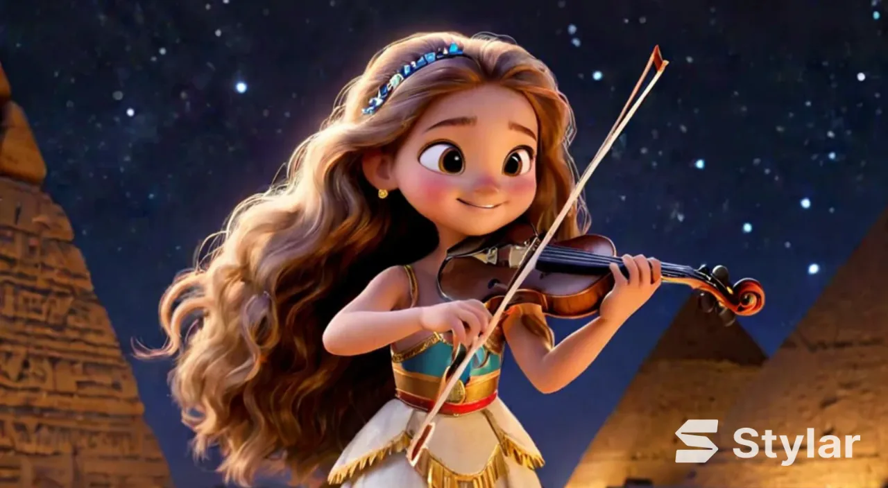 In front of the ancient pyramids of Egypt, at night, many stars shine in the sky, and a young, beautiful, fair-skinned, long-haired girl is playing the violin, and the girl is smiling.