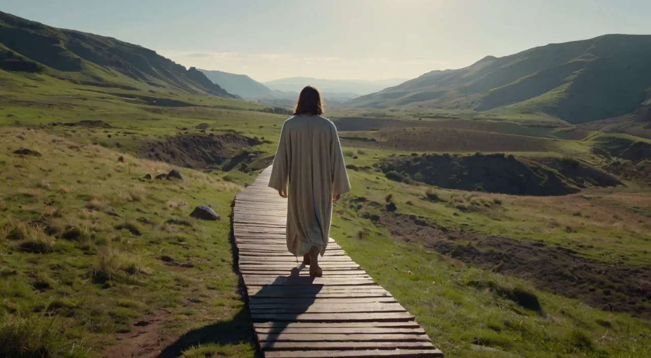 a person walking down a wooden walkway in the mountains