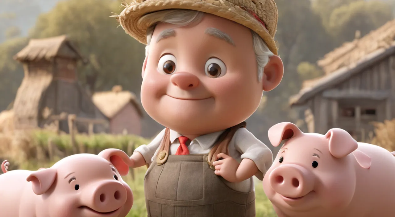 a man in a straw hat standing next to three pigs