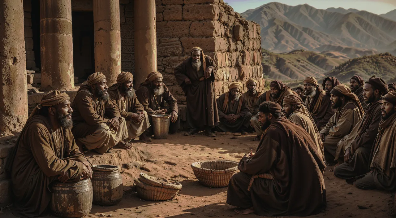 a group of men sitting on top of a dirt field