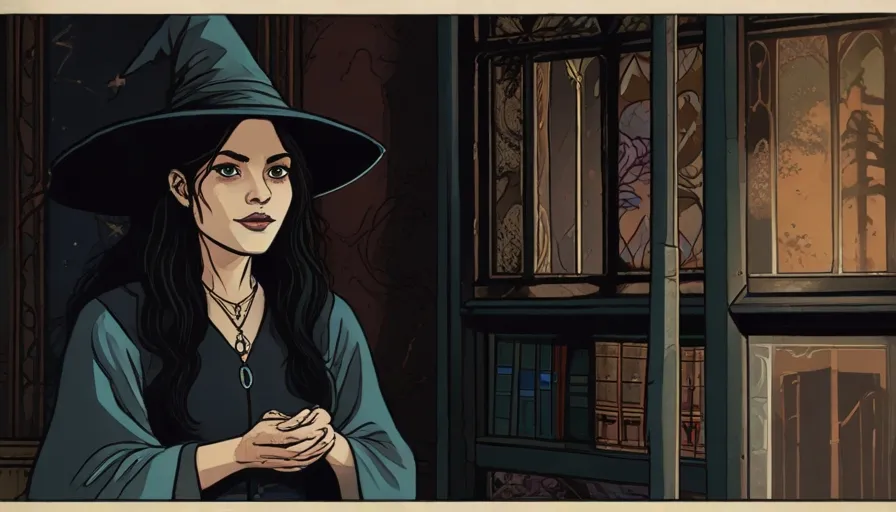 a woman in a witches hat standing in front of a bookshelf