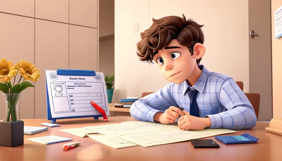 a boy sitting at a desk with a pen and paper