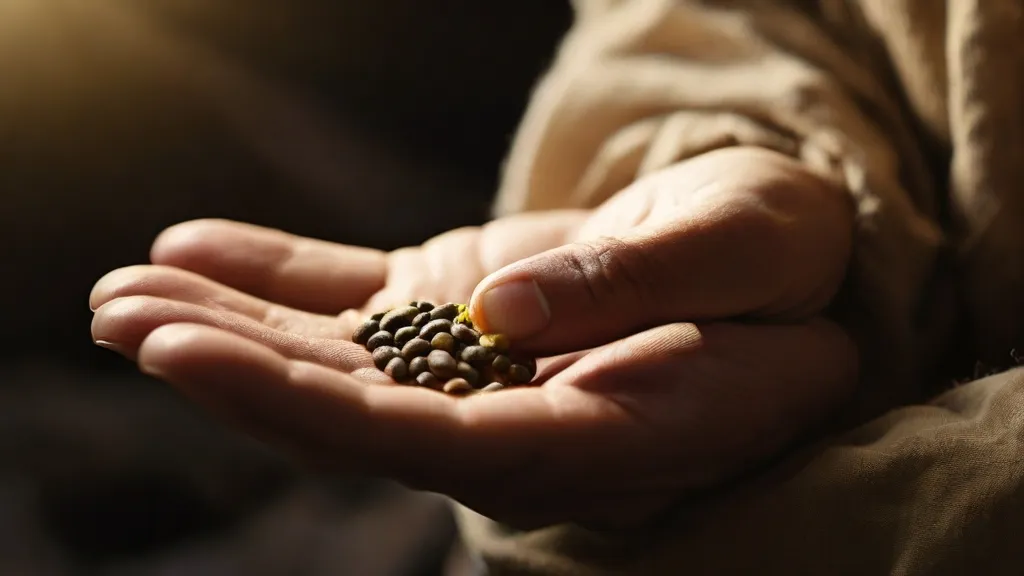 a person holding a handful of seeds in their hands