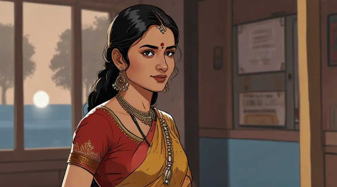 a cartoon of a woman in a red and yellow sari