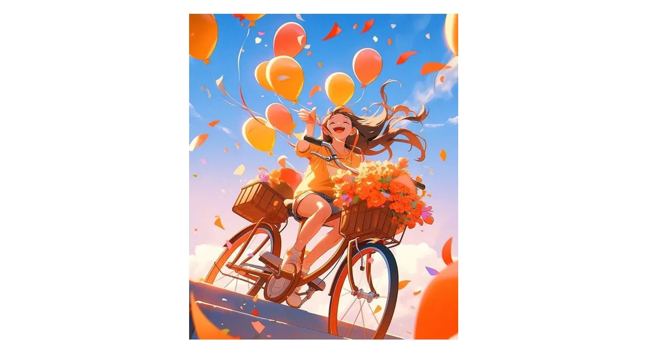 a woman riding a bike with balloons floating in the air